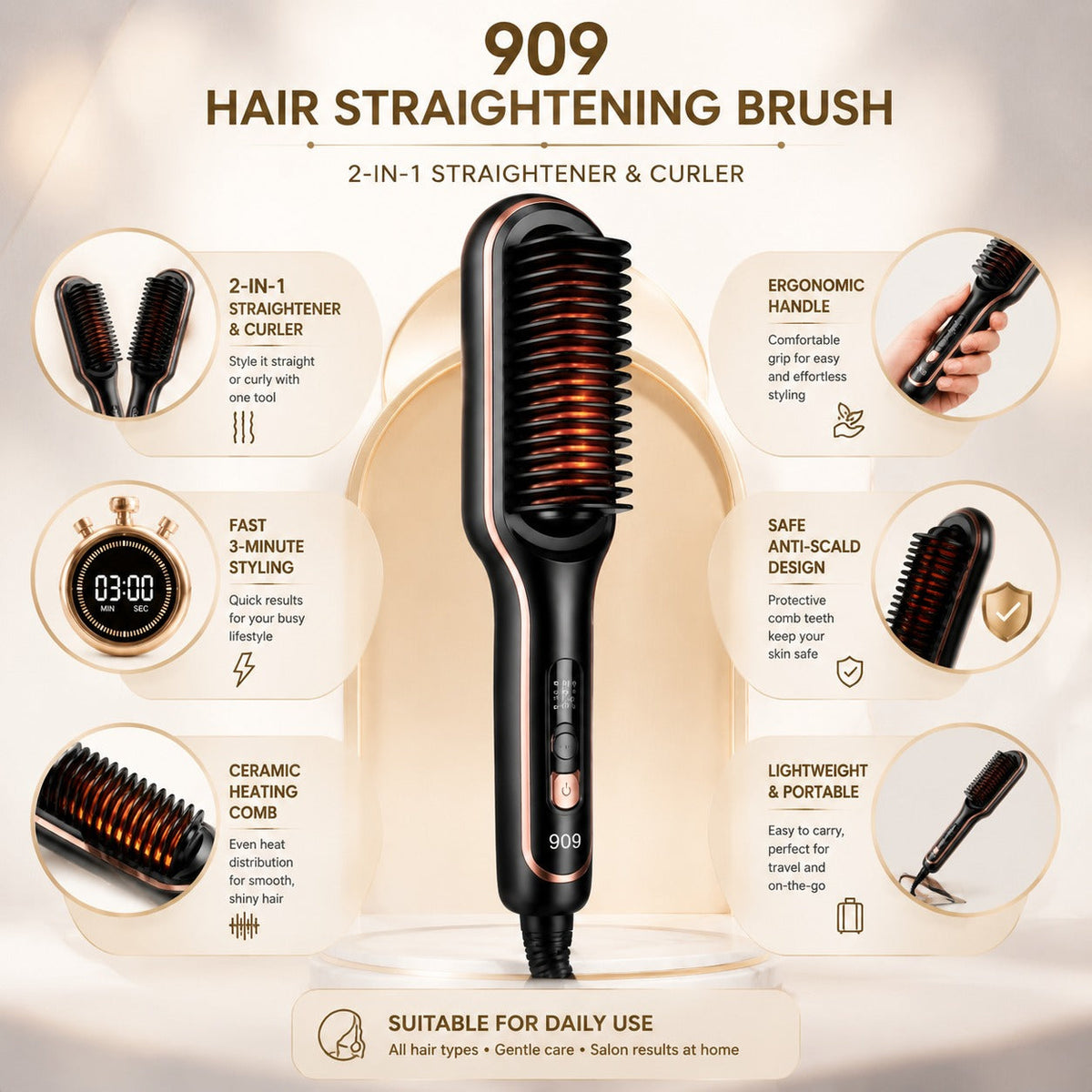 2-in-1 Electric Hair Straightener Brush